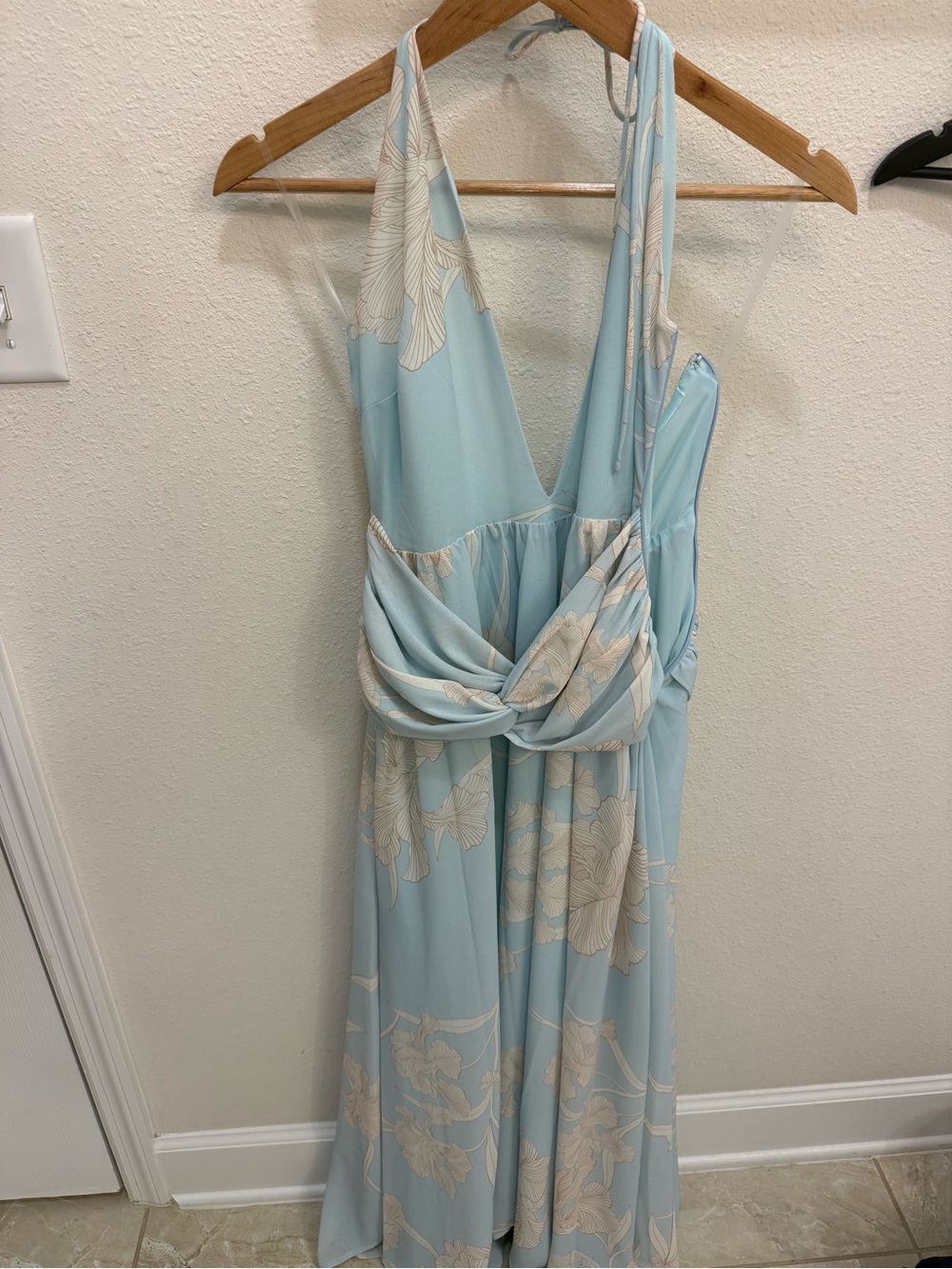 In Bloom Light Blue Halter Maxi Dress with Cream Floral Accents - Picture 4 of 7